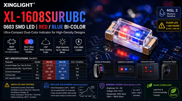 XL-1608SURUBC Dual-Color 0603 LED Design & Procurement Validation Guide